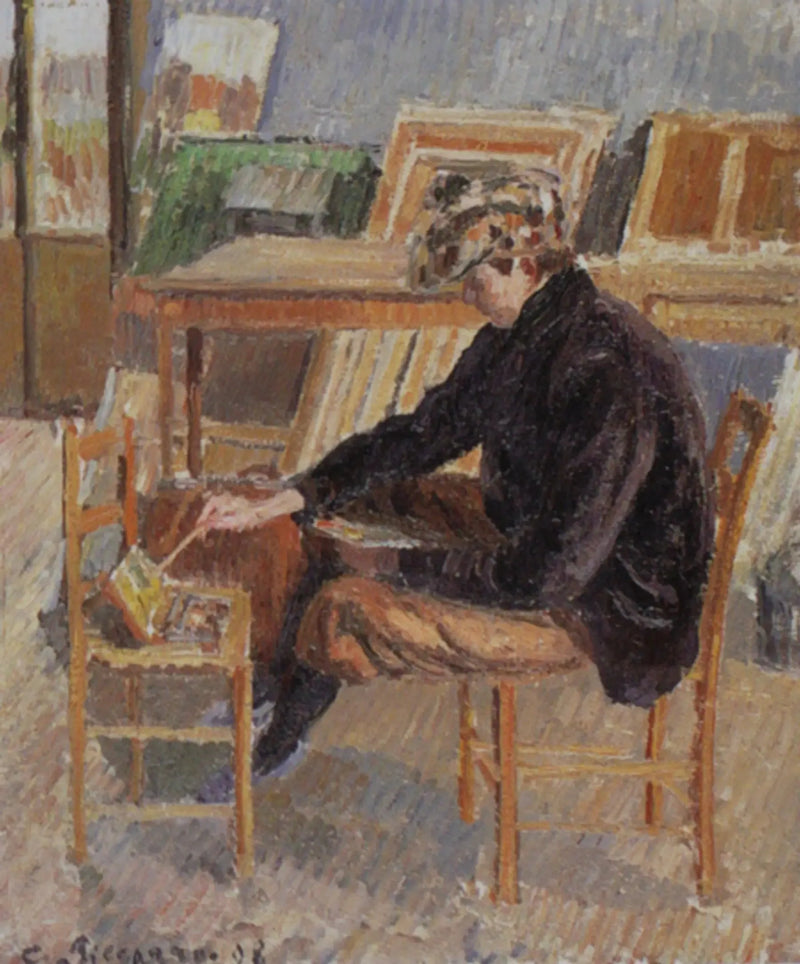 Paul-Émile Pissarro aan het schilderen, schets - Camille Pissarro