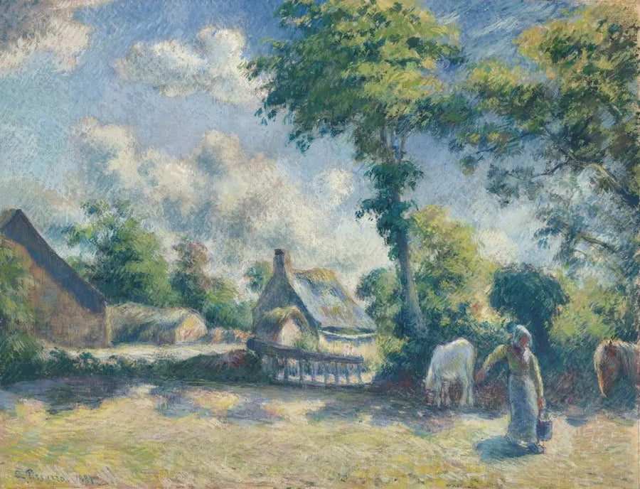 Landschap bij Melleray, vrouw die paarden te drinken geeft - Camille Pissarro