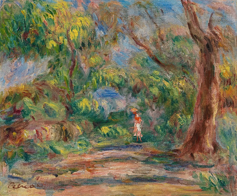 Landschap, boerderijlaan met vrouw in rood en wit - Pierre-Auguste Renoir