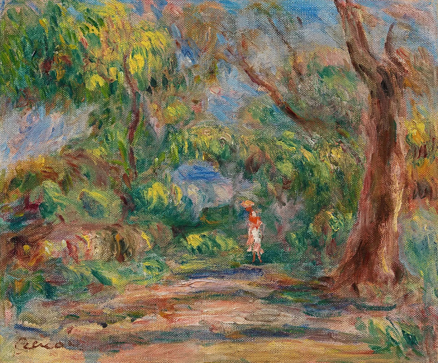 Landschap, boerderijlaan met vrouw in rood en wit - Pierre-Auguste Renoir