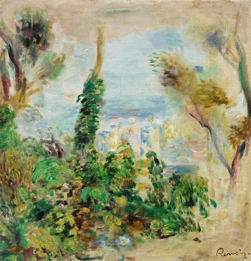Landschap, op de voorgrond klimmende bloemen, op de achtergrond huizen - Pierre-Auguste Renoir