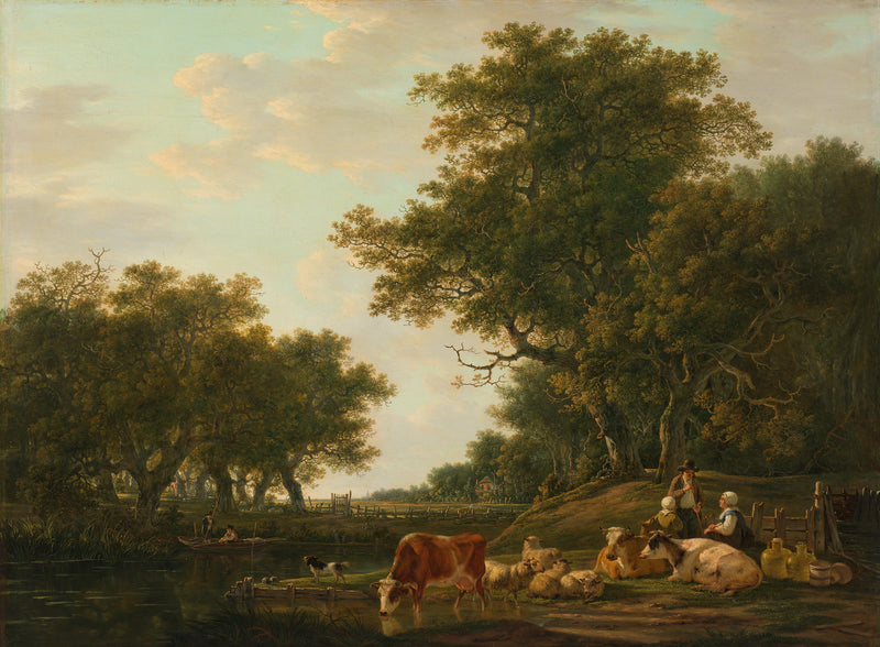 Paysage avec des agriculteurs avec leur bétail et des pêcheurs sur l'eau - Jacob van Strij