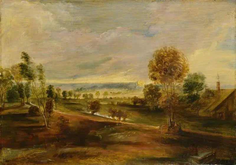 Landschap met agrarische gebouwen bij zonsondergang - Peter Paul Rubens