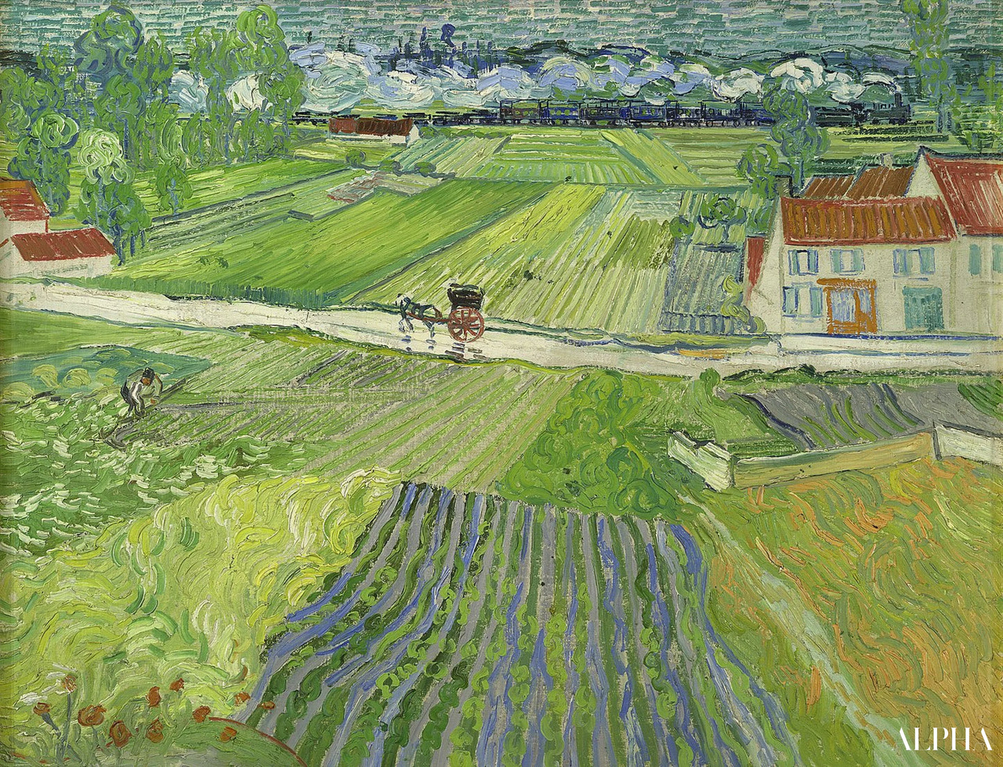 Landschap met koets en trein - Van Gogh - Reproducties van schilderijen en hoogwaardige schilderijen