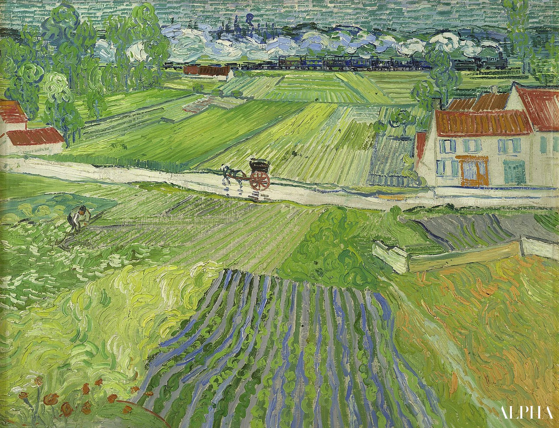 Landschap met koets en trein - Van Gogh - Reproducties van schilderijen en hoogwaardige schilderijen