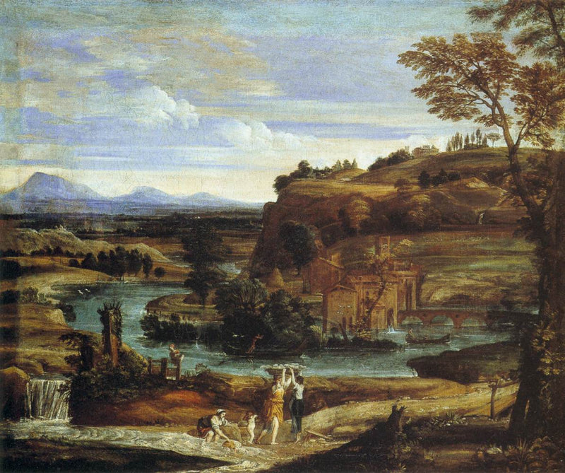 Landschap met wasmachines en een kind dat wijn morst - Domenichino