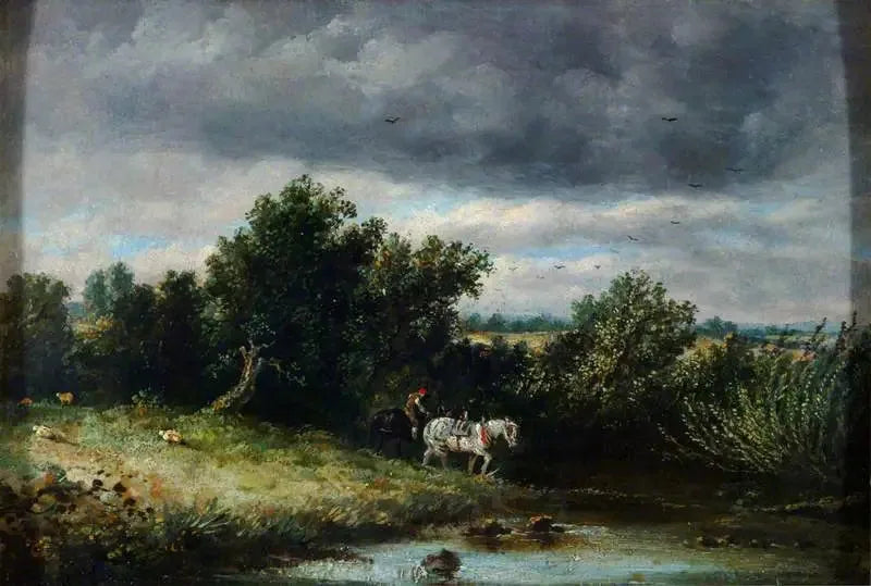 Landschap met twee paarden en een beek - John Constable