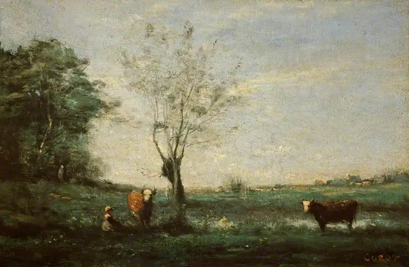 Landschap met twee koeien - Jean-Baptiste Camille Corot