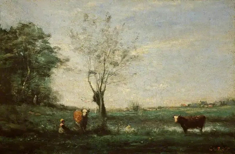 Landschap met twee koeien - Jean-Baptiste Camille Corot