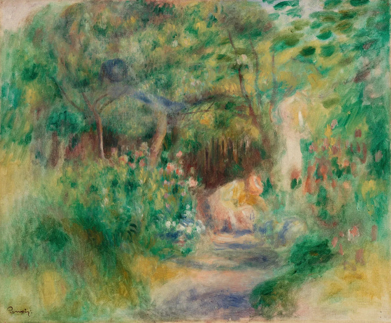 Landschap met vrouw die aan het tuinieren is - Pierre-Auguste Renoir