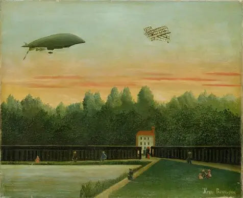 Landschap met de luchtballon République en een Wright-vliegtuig - Henri Rousseau