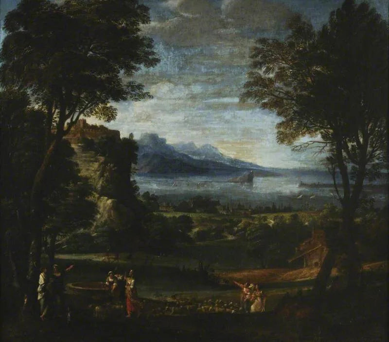 Landschap met de meisjes van Jethrow bij de put - Domenichino