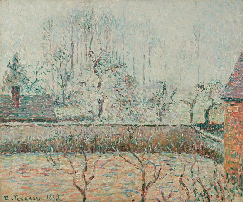 Landschap met huizen en muur, mist en rijp, Éragny - Camille Pissarro