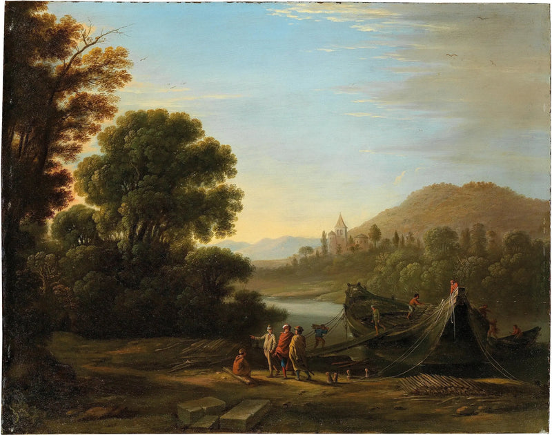 Landschap met personages die hout laden op een boot - Claude Lorrain