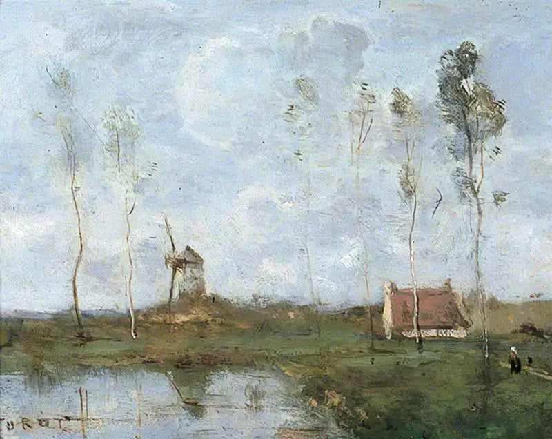 Landschap met een chalet en een windmolen - Jean-Baptiste Camille Corot