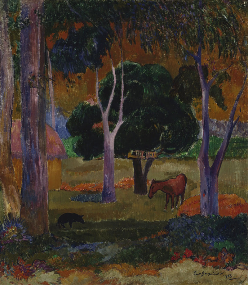 Landschap met een varken en een paard - Paul Gauguin