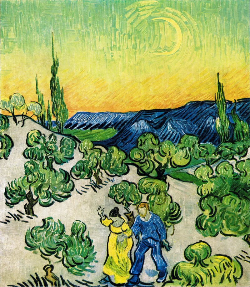 Landschap met een stel dat wandelt en een halve maan - Vincent van Gogh