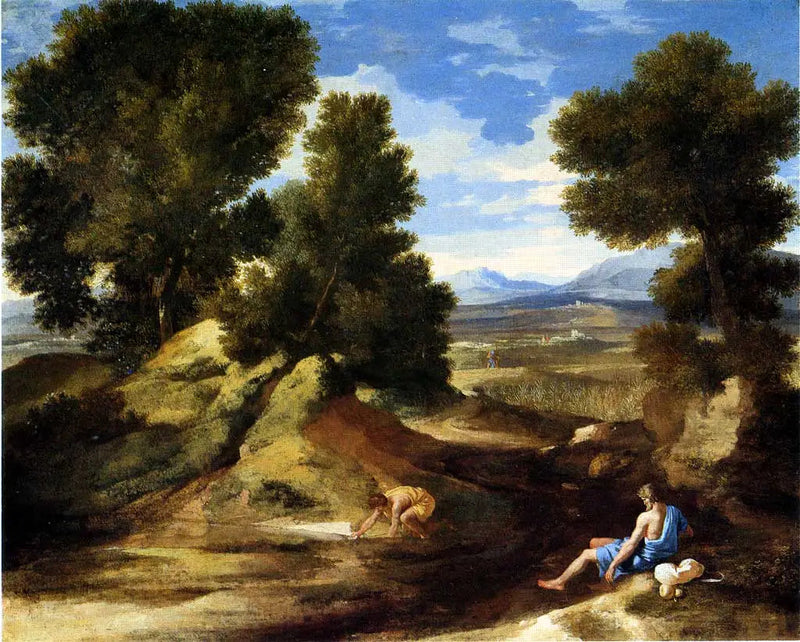 Landschap met een man die drinkt - Nicolas Poussin