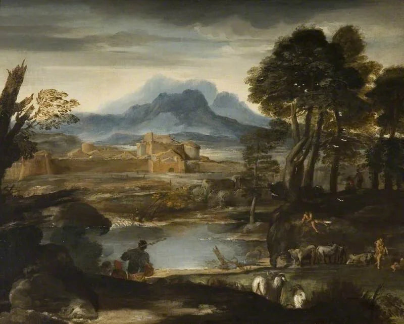 Landschap met een meer en een versterkte stad - Pietro da Cortona