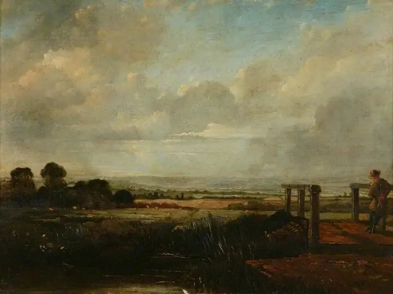 Landschap met een visser op een brug - John Constable