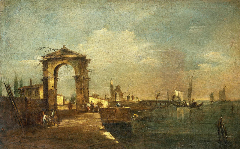 Landschap met een kade en boten op een meer - Francesco Guardi