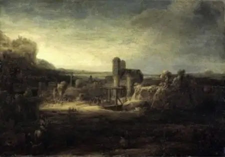 Paysage avec une église - Rembrandt image 1 copie de tableau peinte à la main