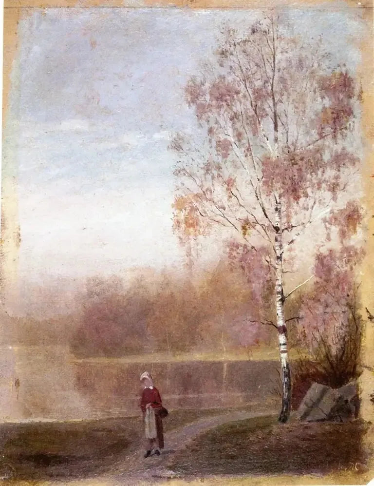 Landschap met een vrouw die langs een meer wandelt - Edvard Munch