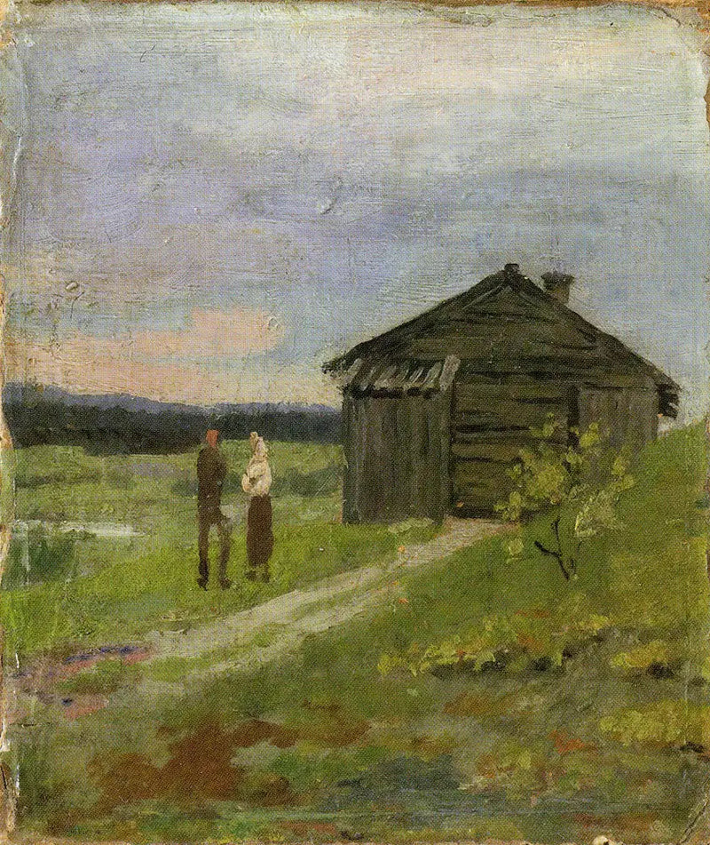 Landschap met een klein huis en twee mensen - Edvard Munch
