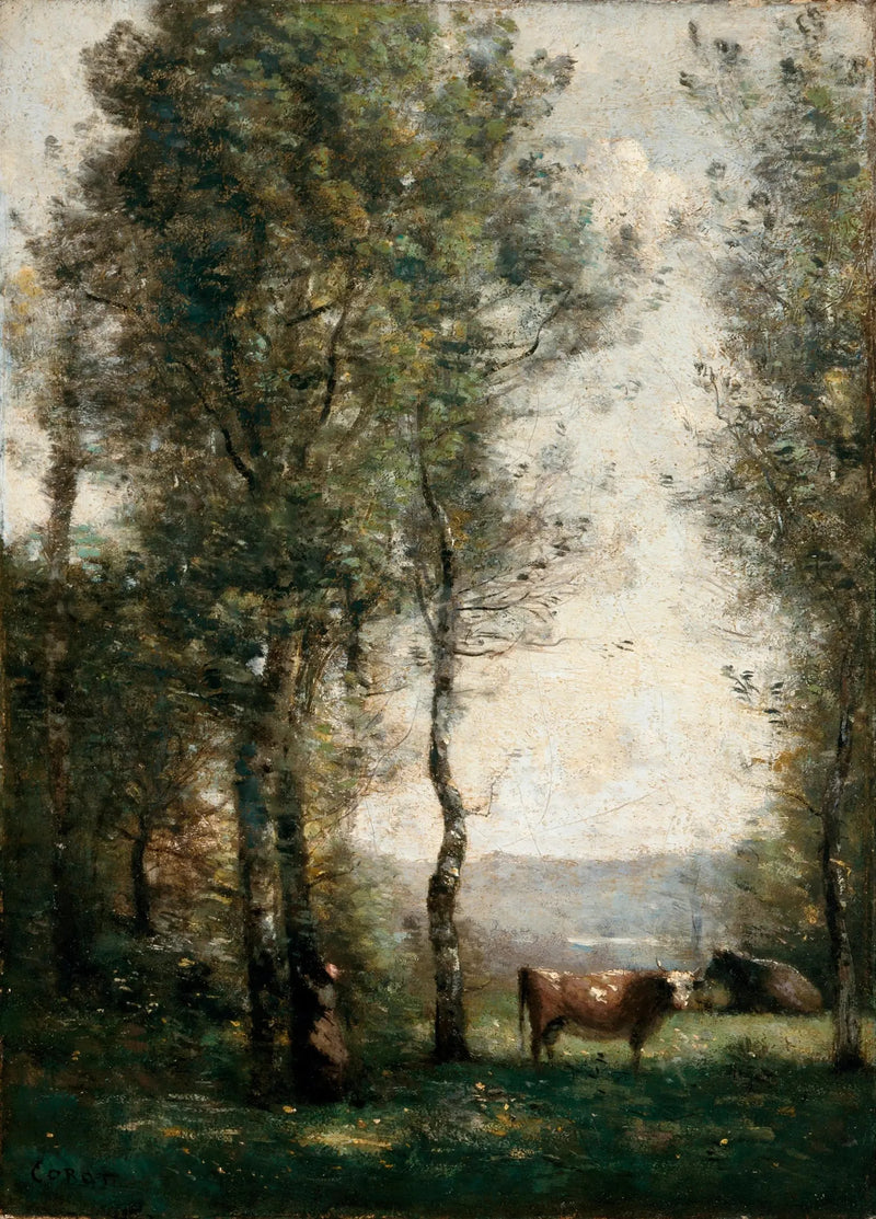 Boslandschap met koeien in een open plek - Jean-Baptiste Camille Corot