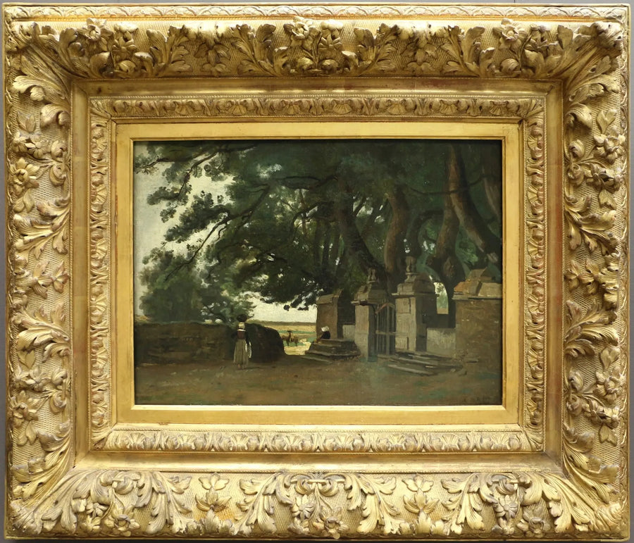 Bretons landschap. Een schaduwrijke omheining door grote bomen - Jean-Baptiste Camille Corot