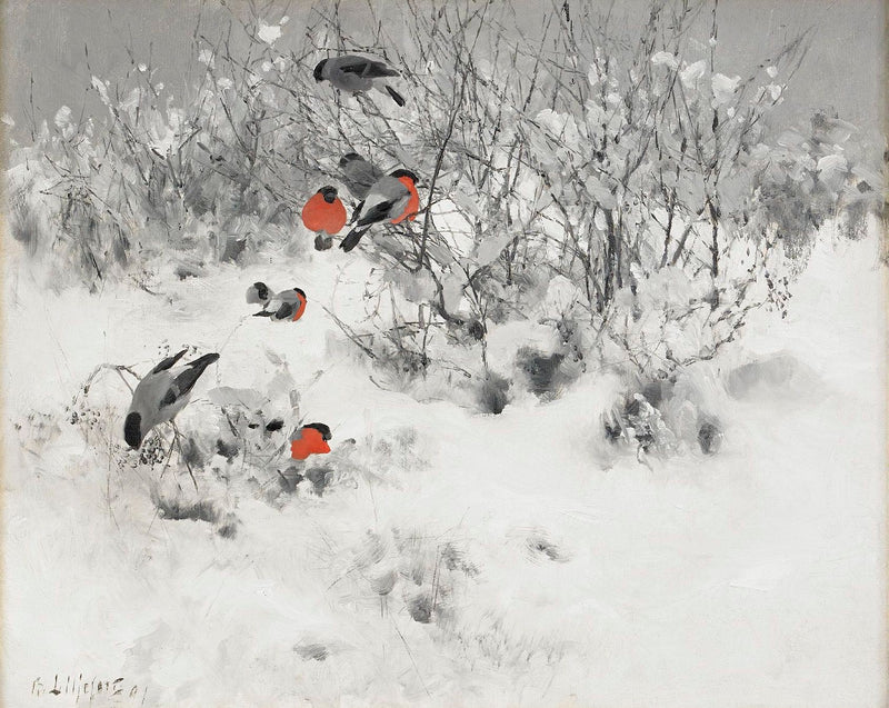 Paysage d'hiver avec des bouvreuils - Bruno Liljefors