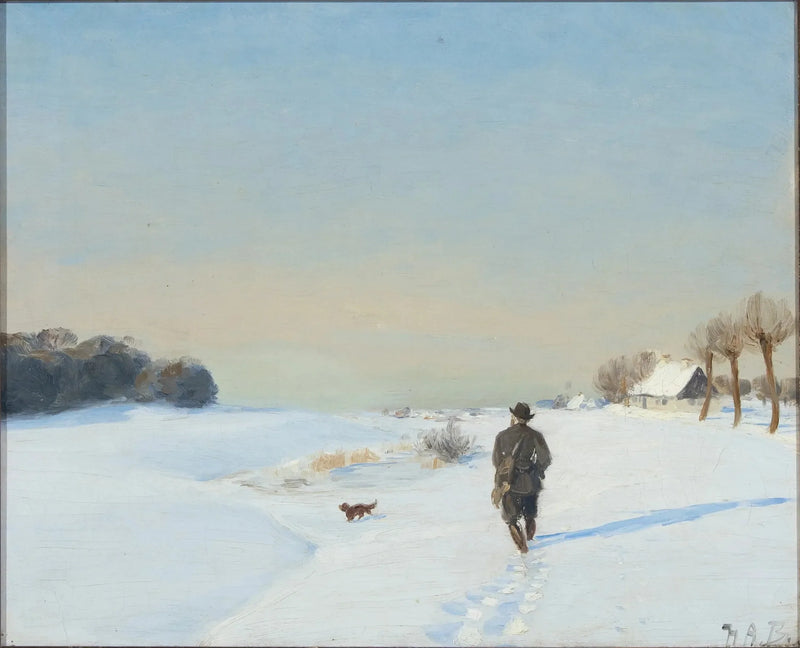 Winterlandschap met een jager en zijn hond op een zonnige dag - H. A. Brendekilde

Source:
Paysage d'hiver avec un chasseur et son chien par une journée ensoleillée - H. A. Brendekilde