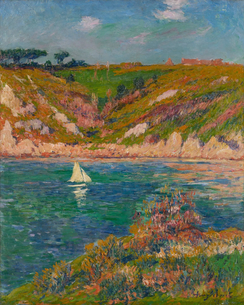 Landschap van Doëlan met witte zeilboot - Henry Moret