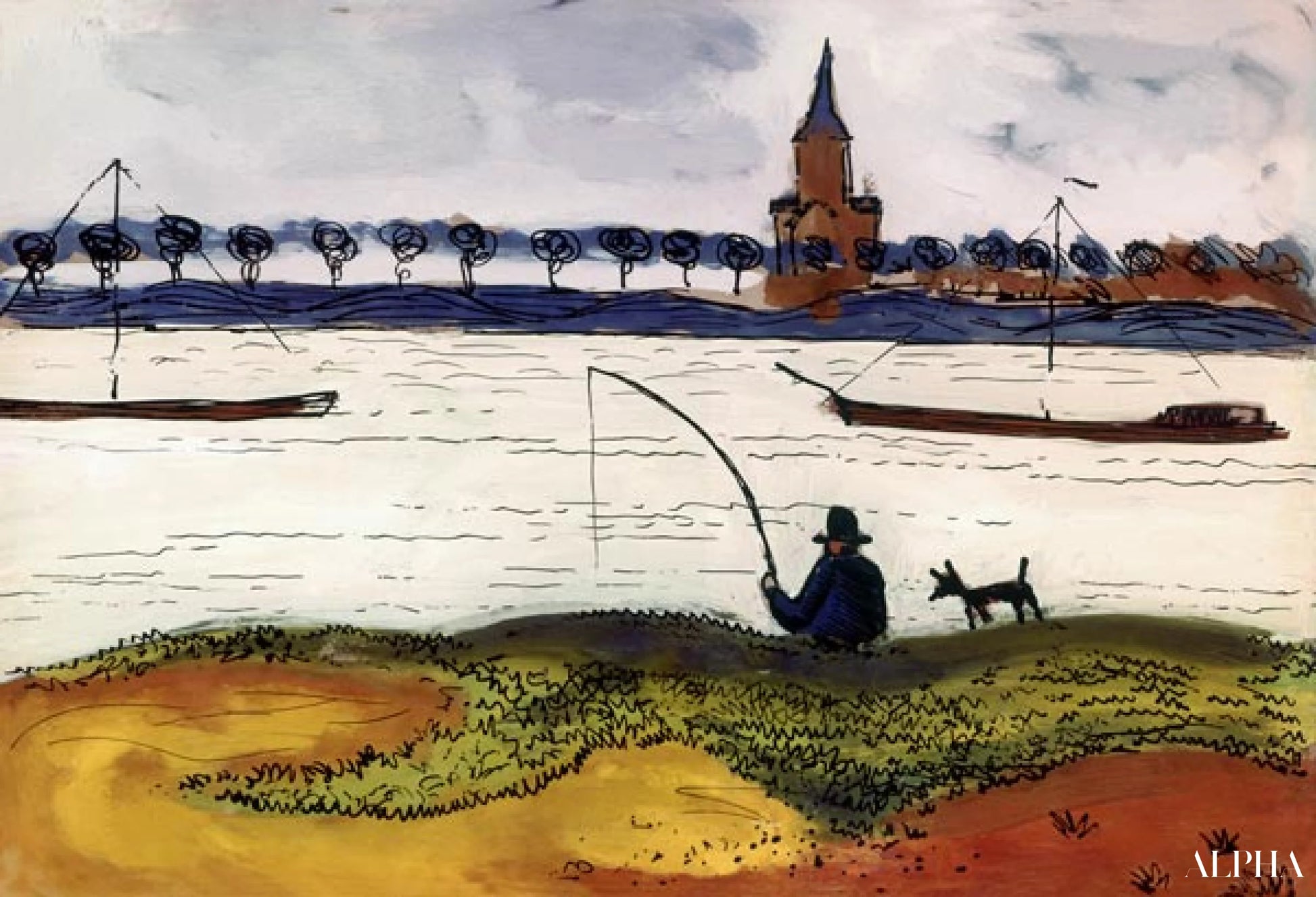 Rivierlandschap met vissers - August Macke - Reproducties van schilderijen en hoogwaardige schilderijen