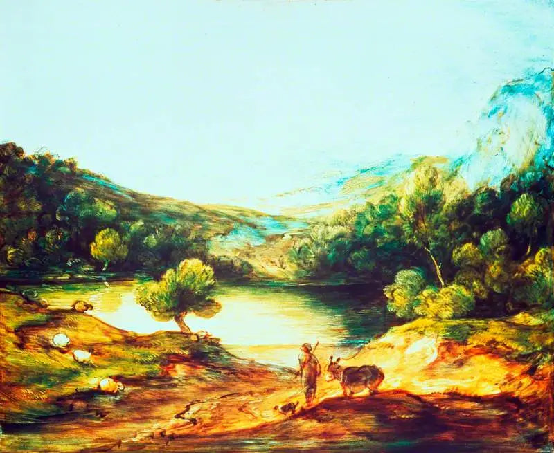 Paysage de hautes terres boisées avec un berger un âne et des moutons dispersés un lac et un village et des collines