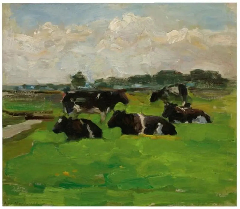 Landschap van polders met een groep van vijf koeien - Piet Mondrian