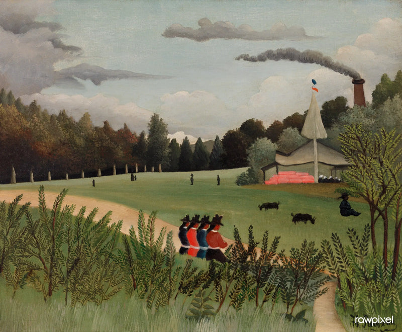 Landschap en vier jonge meisjes - Henri Rousseau