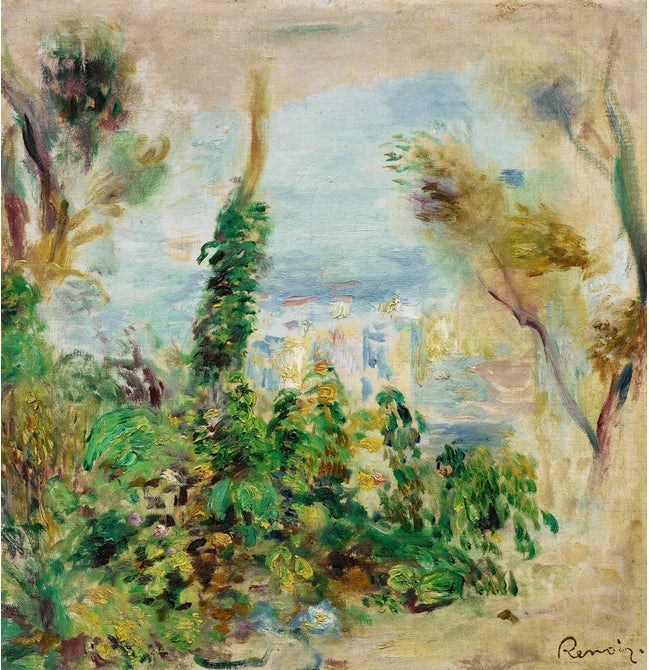 Landschap, op de voorgrond klimmende bloemen, op de achtergrond huizen - Pierre-Auguste Renoir