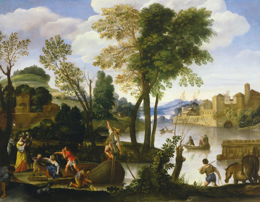 Rivierlandschap met schippers en vissers, een elegant paar wandelend langs de rivier - Domenichino