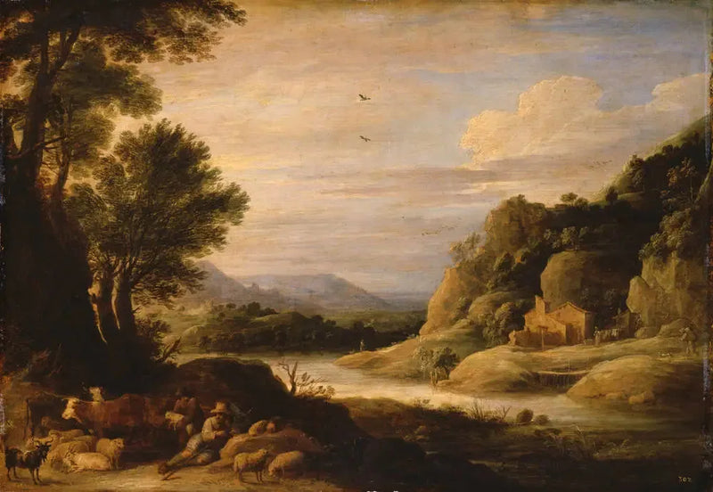 Vloedlandschap met herders en kuddes in rust - David Teniers de Jonge

Source:
Paysage fluvial avec bergers et troupeaux au repos - David Teniers le Jeune