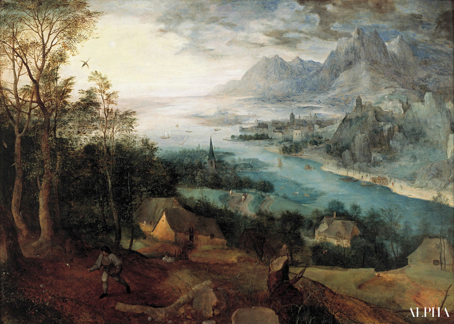 Rivierlandschap met de gelijkenis van de zaaiers - Pieter Brueghel de Oude - Reproducties van schilderijen en hoogwaardige schilderijen