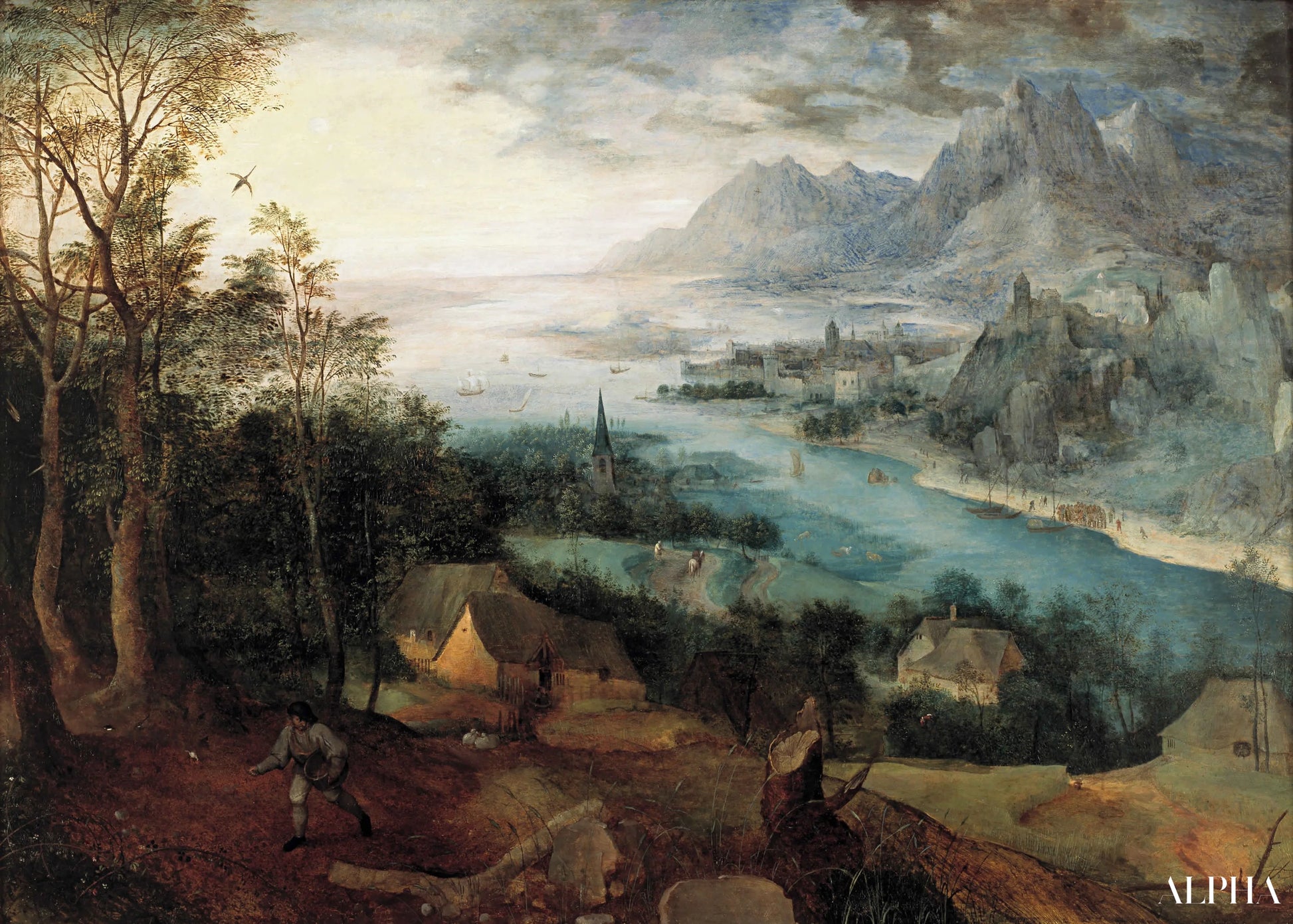 Rivierlandschap met de gelijkenis van de zaaiers - Pieter Brueghel de Oude - Reproducties van schilderijen en hoogwaardige schilderijen