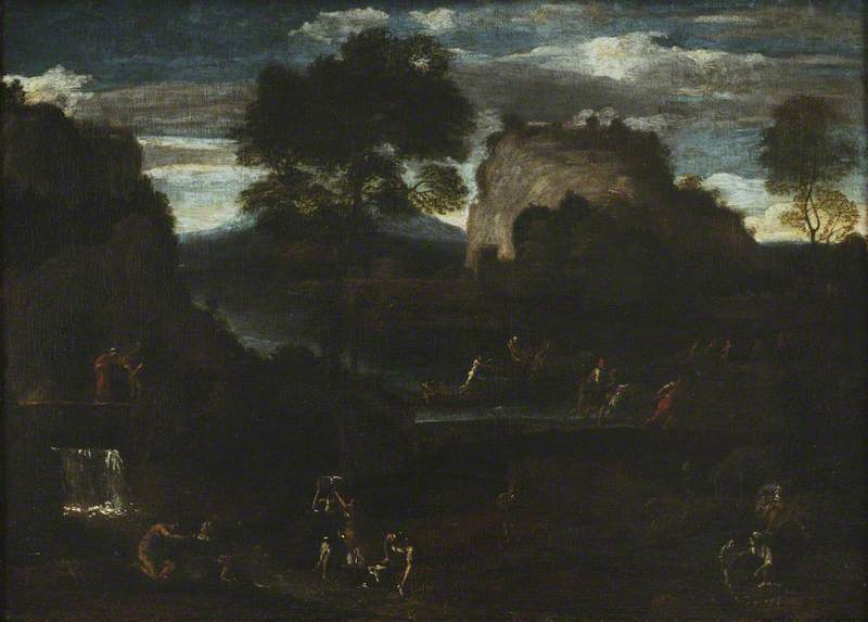 Rivierlandschap met vissers en wasvrouwen - Domenichino