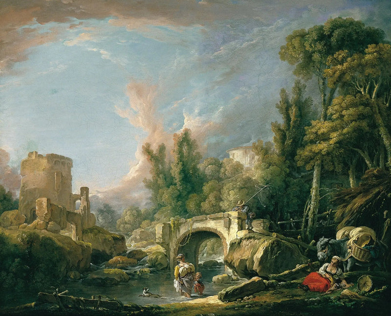 Rivierlandschap met ruïne en brug - François Boucher