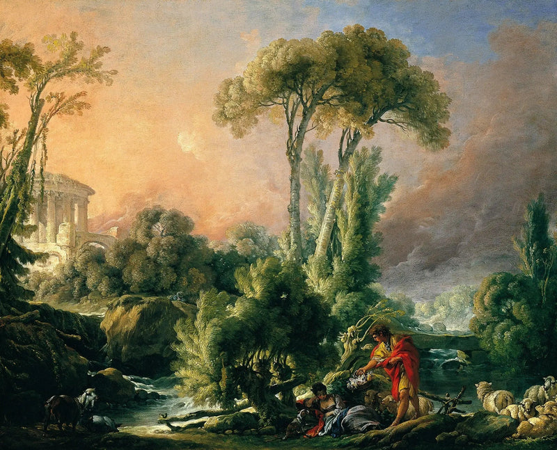 Rivierlandschap met antieke tempel - François Boucher