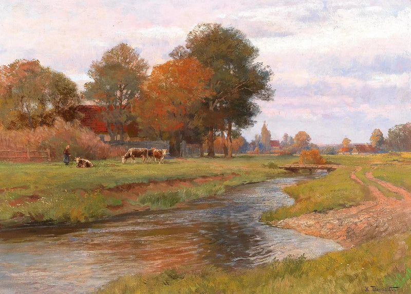 Rivierlandschap met een kleine kudde koeien en een dorp op de achtergrond - Hugo Darnaut