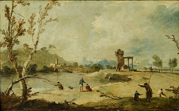 Rivierlandschap met een vervallen toren en een ver weg gelegen dorp - Francesco Guardi