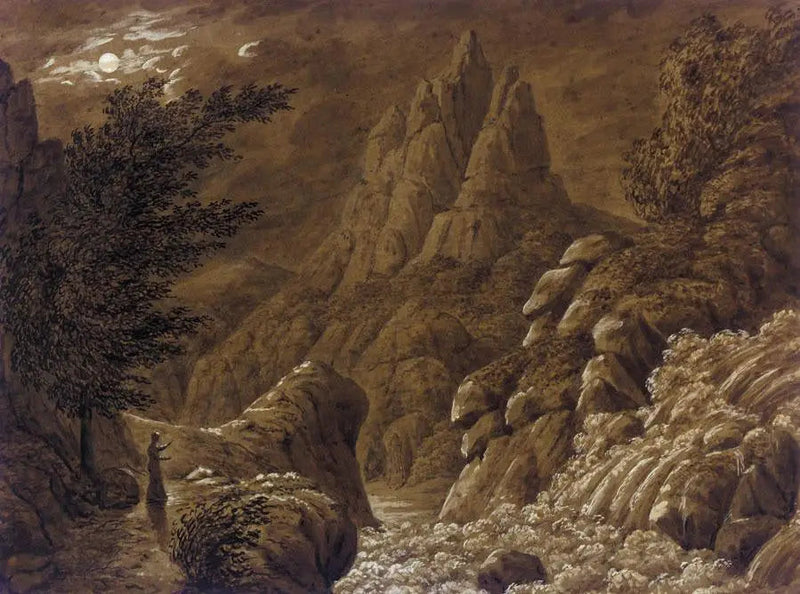 Geidealiseerd landschap met waterval - Caspar David Friedrich