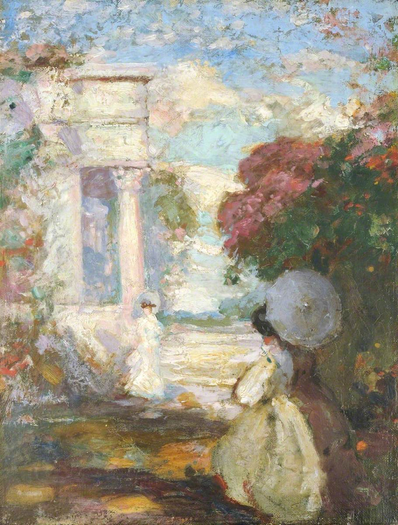 Lyricistisch landschap met twee figuren in kostuums uit de 19e eeuw - Charles Conder