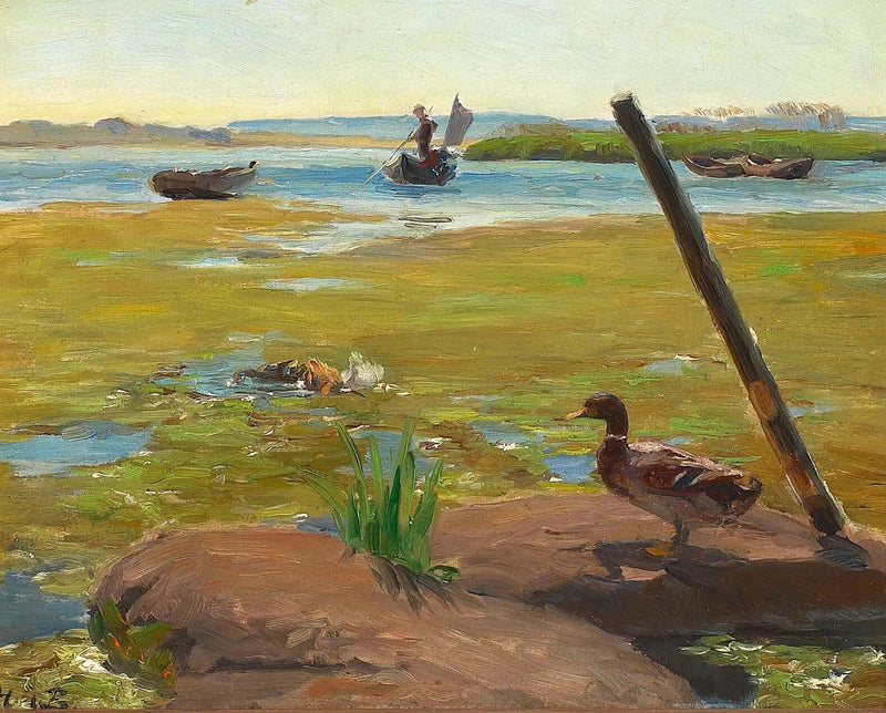 Landschap bij Jyllinge met een eend. Op de achtergrond vaart een man met een punter. - H. A. Brendekilde

Source:
Paysage près de Jyllinge avec un canard. À l'arrière-plan, un homme fait du punting. - H. A. Brendekilde